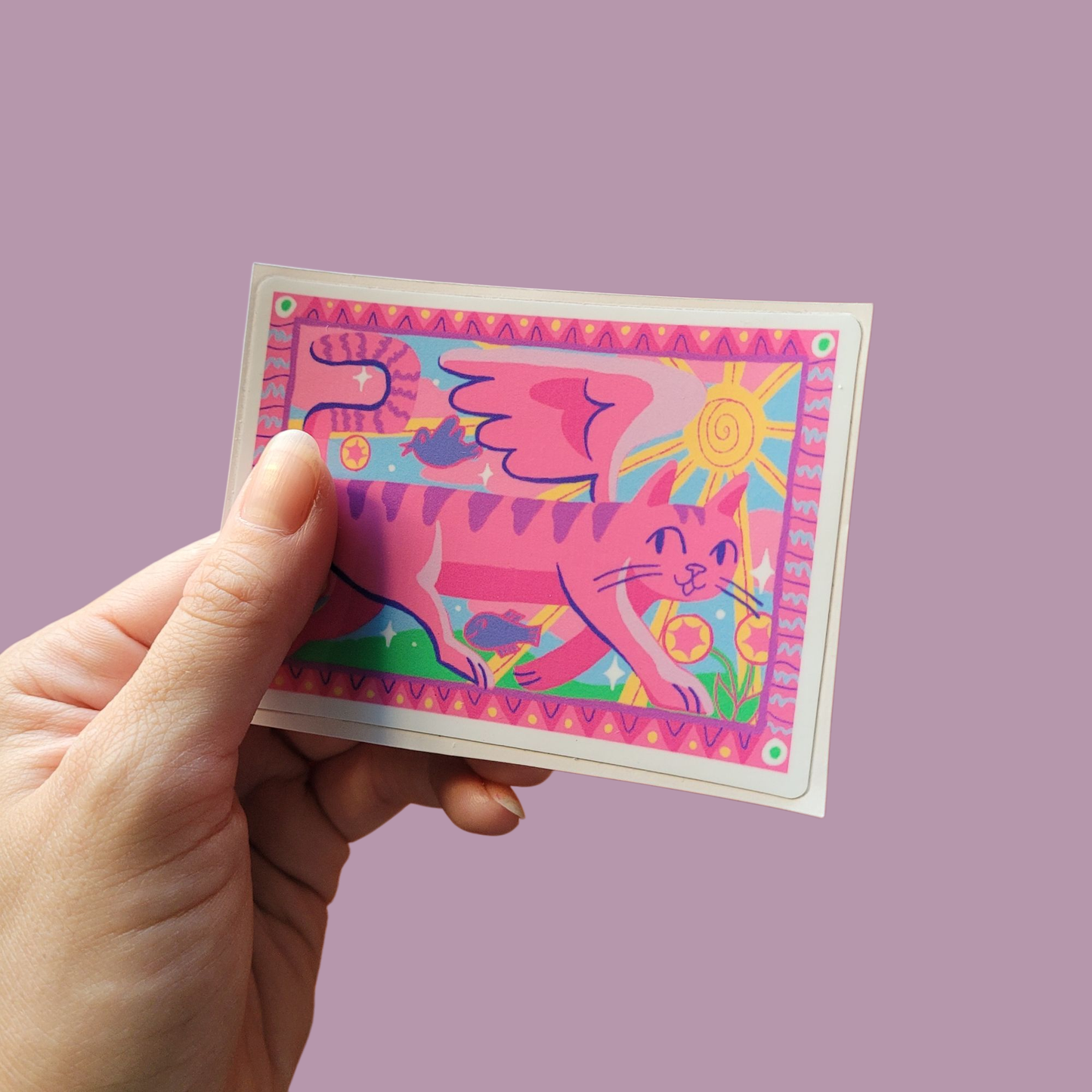Pink winged cat sticker