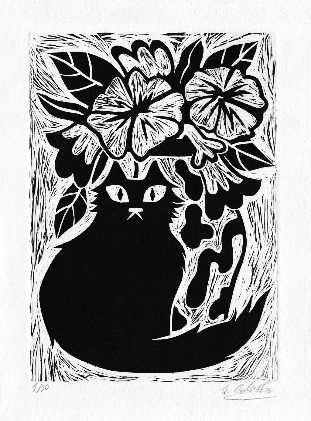 Linograbado Gato con jarrón