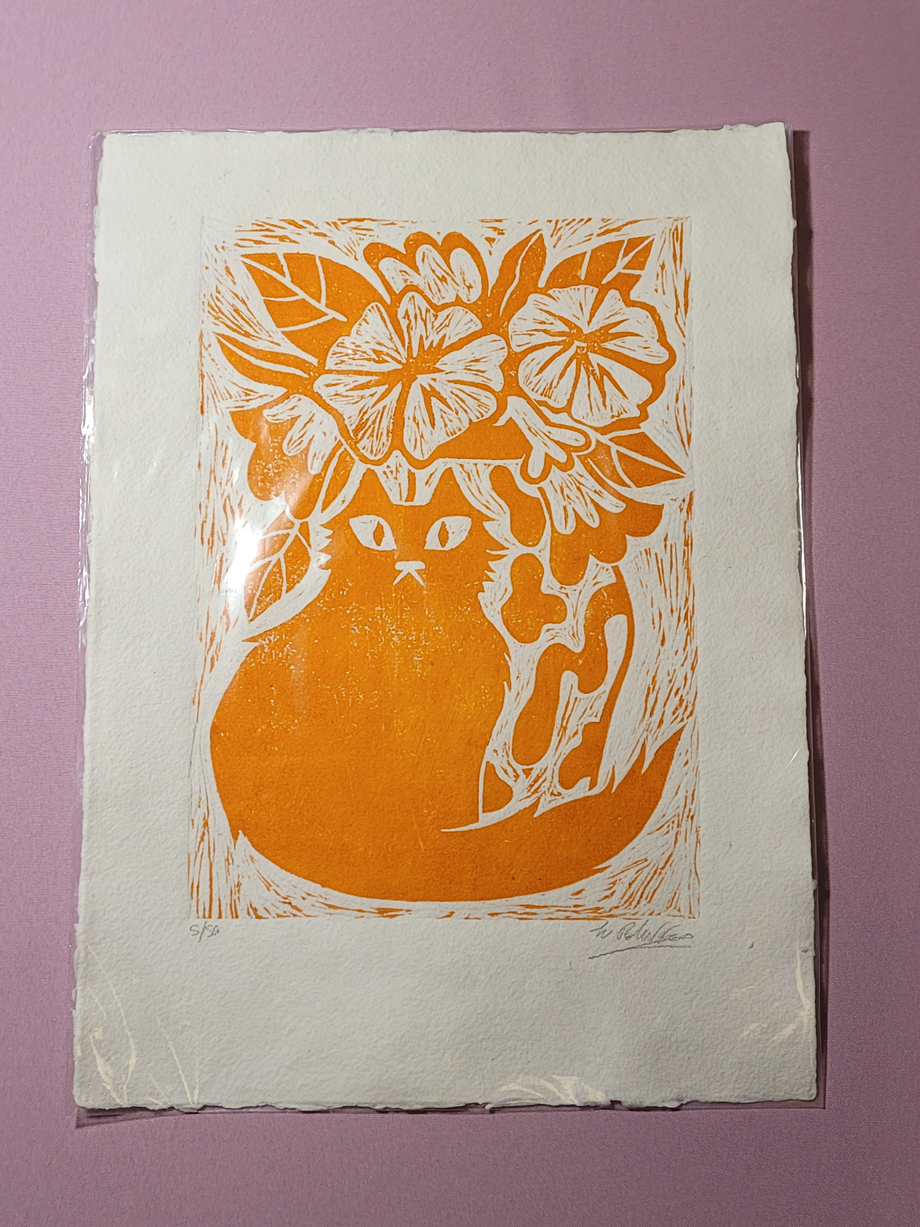 Linograbado Gato con jarrón