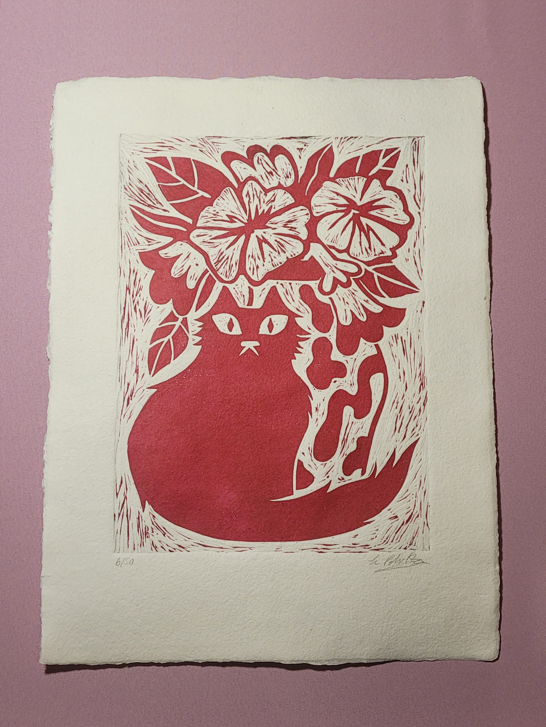 Linograbado Gato con jarrón