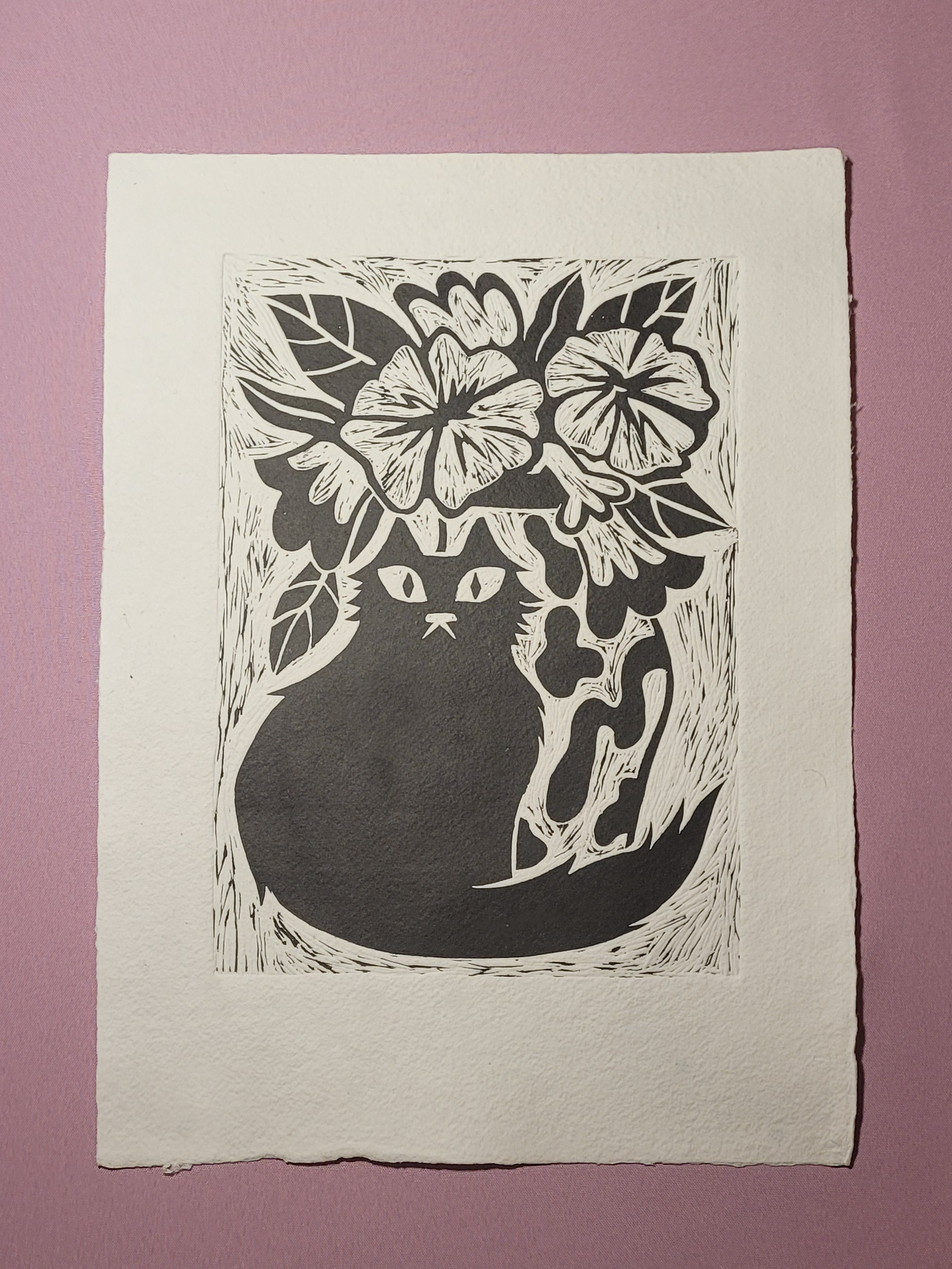 Linograbado Gato con jarrón