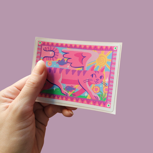 Pink winged cat sticker