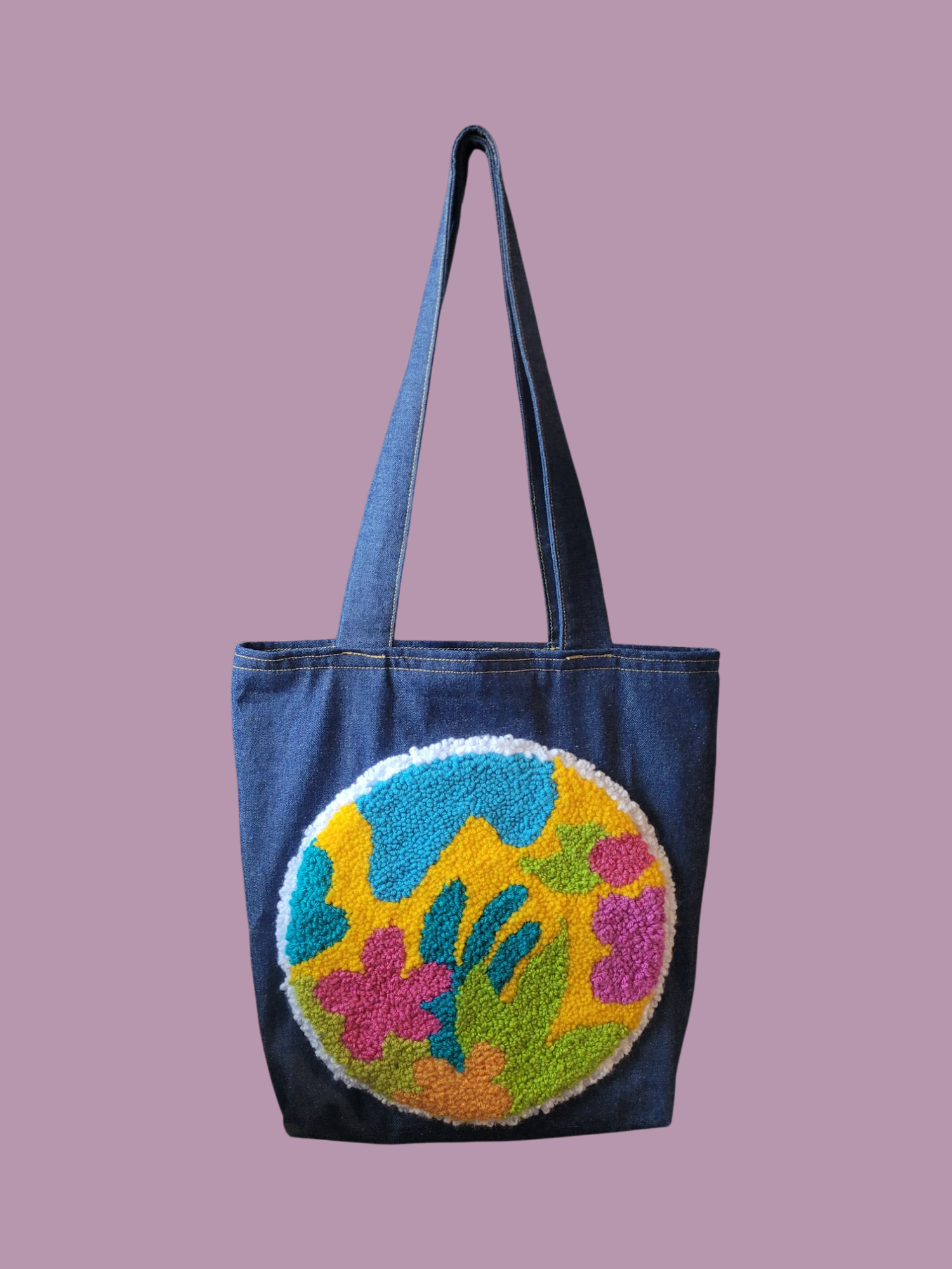 Tote bag Floral - punch needle y tela jean
